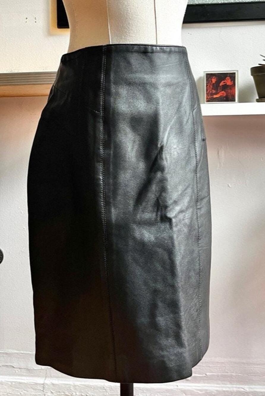 Vintage 80s Leather Skirt | Baddie Black High Waist Panel Mini Skirt | M 27"